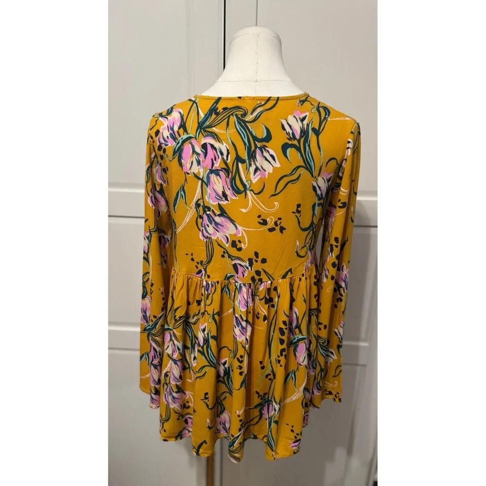 Free People Bella Yellow Floral Print Babydoll V-Neck Tunic Flared Sleeve Top XS